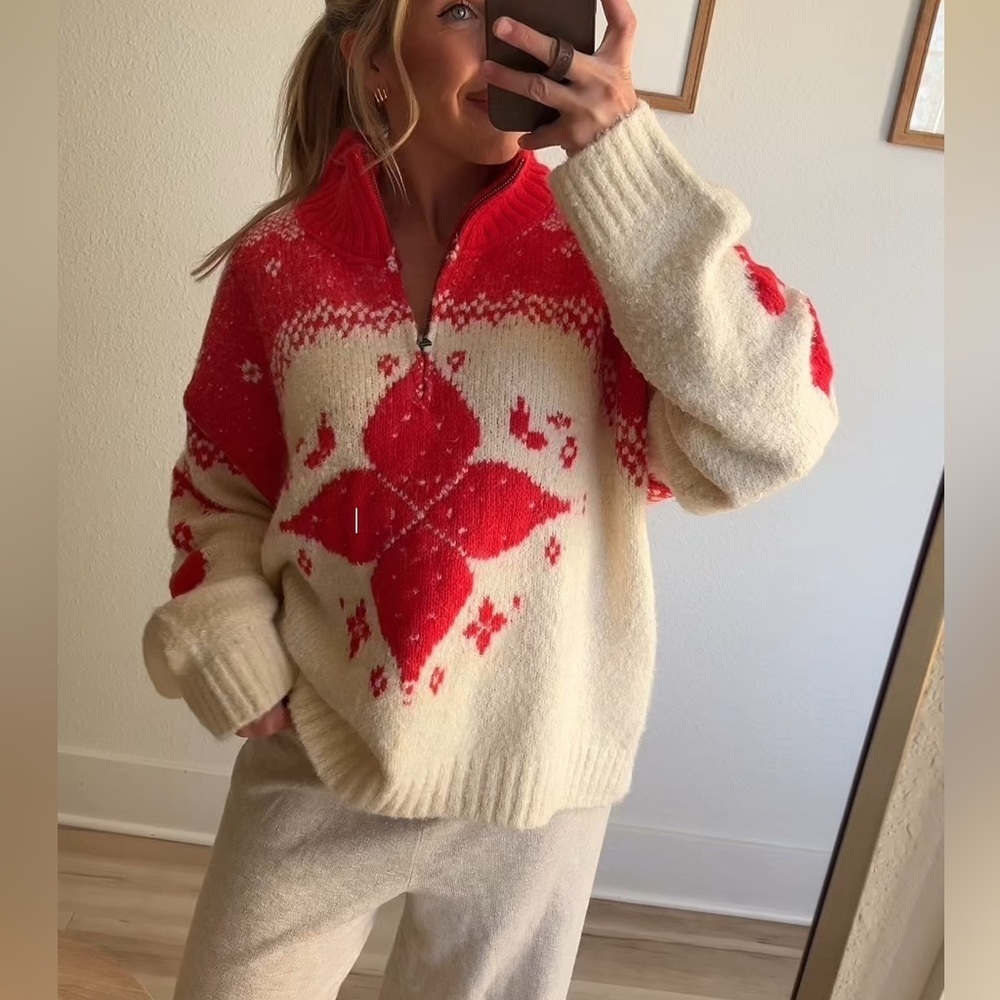 Free People Mythical Knit Sweater in  Vanilla Scarlet Combo